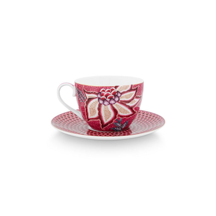 Set/2 Cups & Saucers Flower Festival Dark Pink 280ml