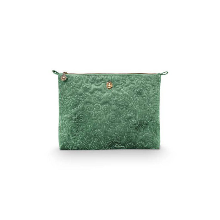 Platte toilettas groot fluweel gewatteerd groen 30x22x1cm